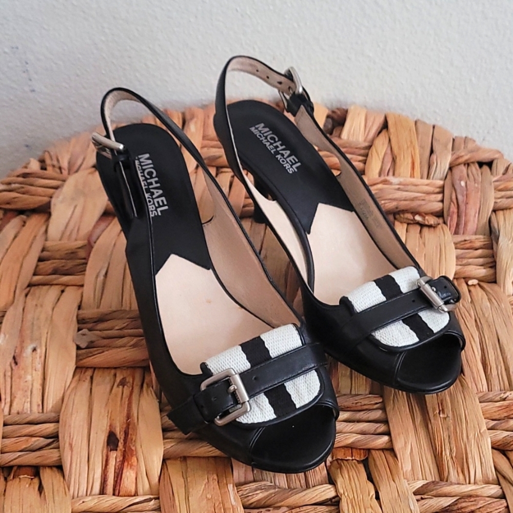 MICHAEL Michael Kors Black and White Striped Slingback Heels